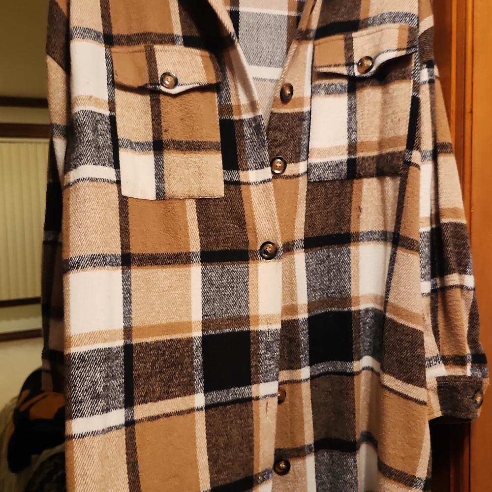 Plaid Button-Up Hoodie - Brown and Black